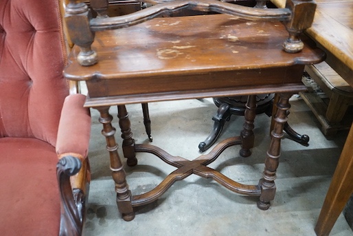 A pair of 18th century style French provincial pine side tables with X shaped stretchers, width 74cm, depth 45cm, height 72cm